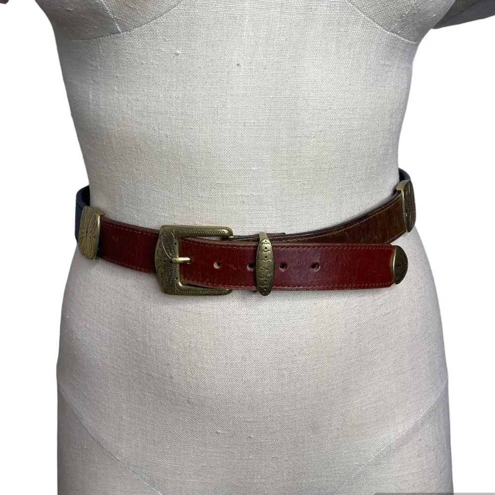 Vintage Brown Leather Belt with Brass Buckle - Picture 1 of 15